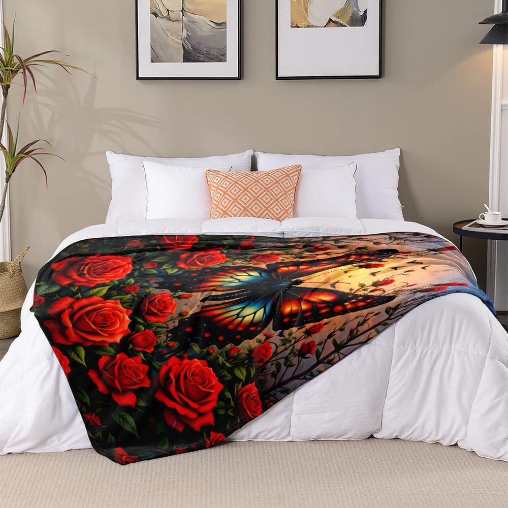 NEW Butterfly Red Rose Plush Throw Blanket Cozy Floral Gothic Home Decor - Picture 3 of 6